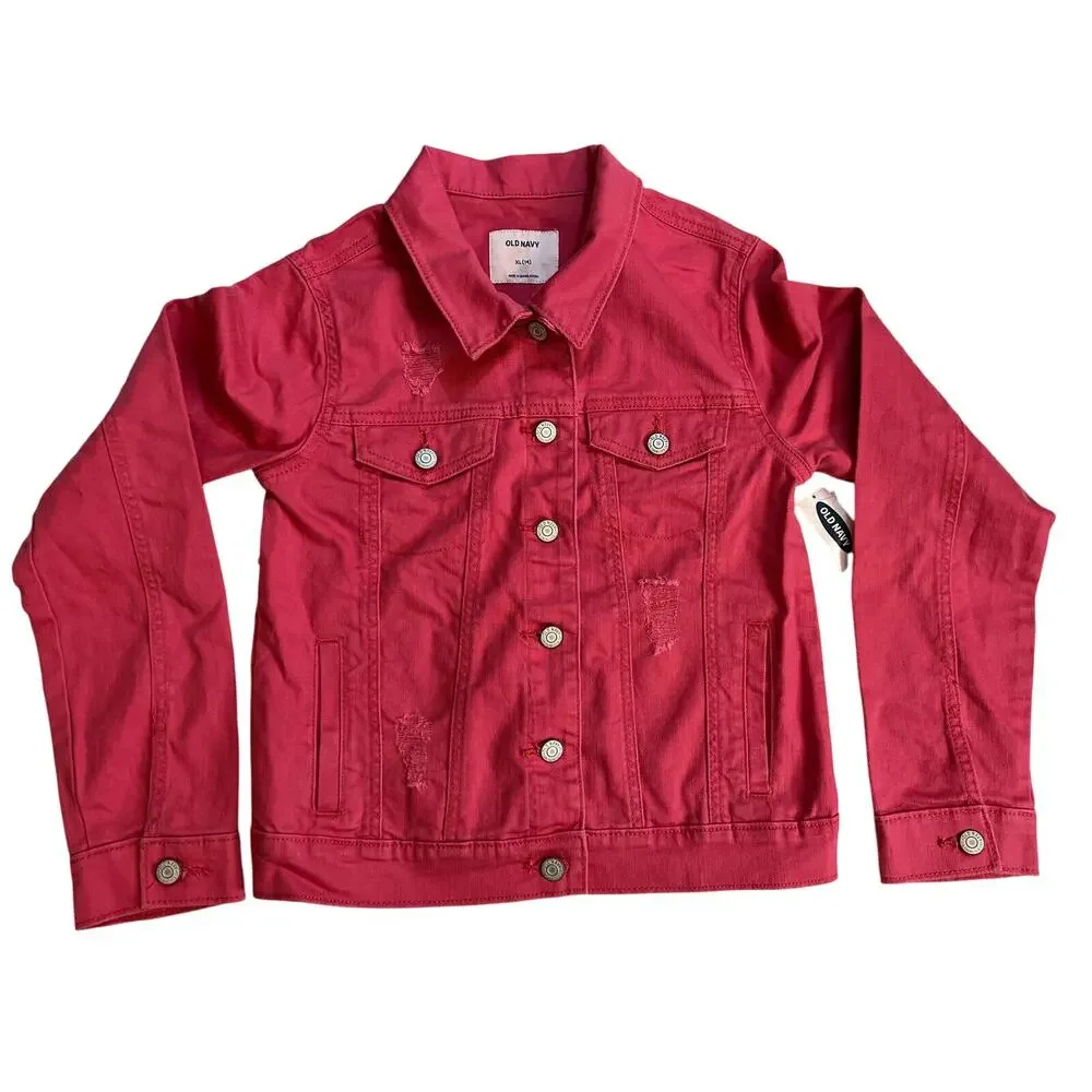 Old Navy Youth Pink Denim Distressed Jacket XL 14 - NWT